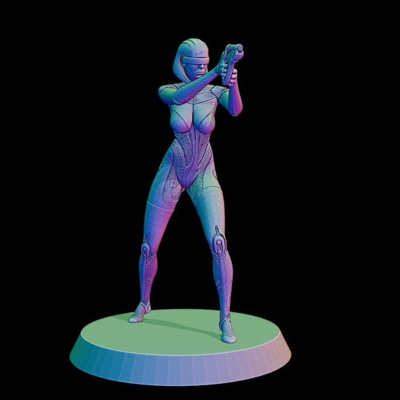 May include: A futuristic female figure, rendered in shades of blue, purple, and green, is holding a gun. The figure is wearing a form-fitting suit with intricate details and stands on a circular platform. The background is black.