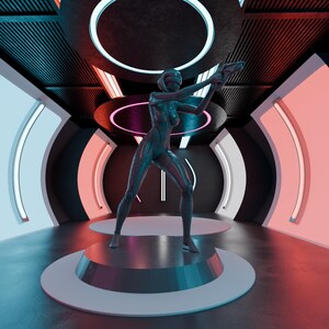 May include: A futuristic figure in a dark bodysuit, holding a weapon, stands on a circular platform. The scene is set in a sci-fi environment with neon lighting in shades of red, blue, and pink, creating a dramatic atmosphere.