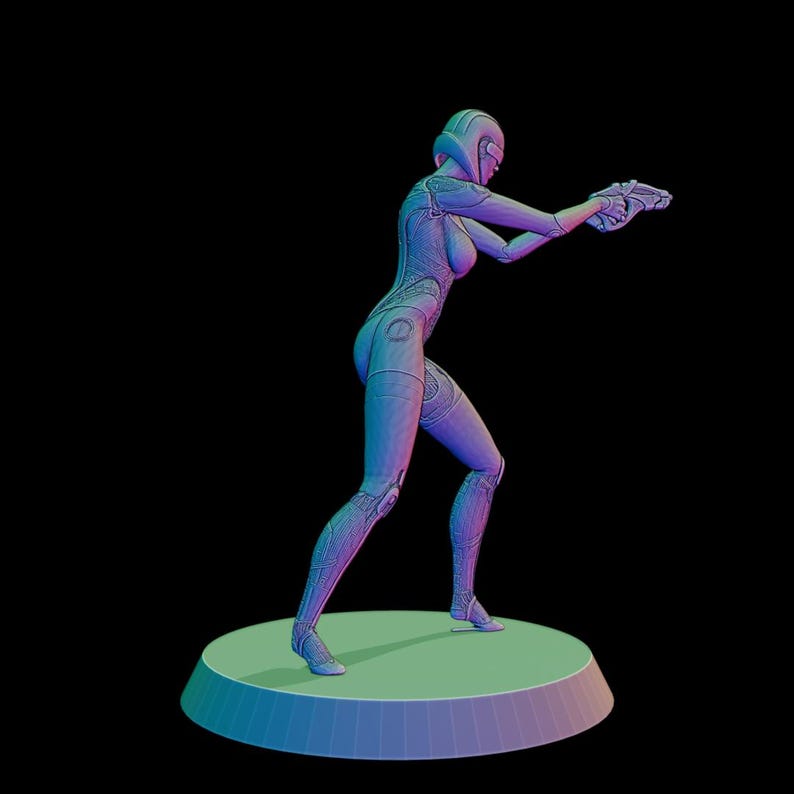 May include: A futuristic figure in a form-fitting suit, helmet, and holding a weapon, posed in a shooting stance. The figure is rendered in shades of blue, purple, and green, standing on a circular base against a black background.