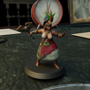 May include: A detailed figurine of a woman in a colorful outfit, holding a weapon. The figure has a white top, a red and white skirt, and a headdress with green and yellow accents. The figurine is on a dark gray base.