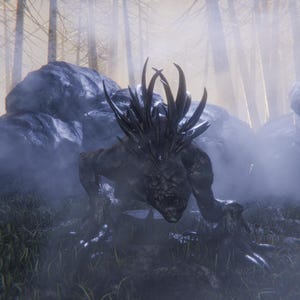 May include: A dark, monstrous creature with spiky protrusions on its head and back, crouches in a misty forest setting. The creature has a textured, reptilian appearance, with a menacing expression. The scene is set amongst rocks and trees.