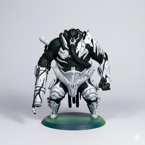 May include: A detailed figurine of a muscular, armored figure. The figure is primarily black and white, with intricate armor plating and a mask-like face. It stands on a circular base with a gradient of green and blue.