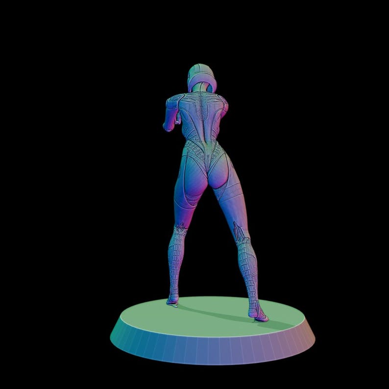 May include: A futuristic figure in a form-fitting suit, viewed from the back, stands on a circular platform. The suit is detailed with intricate patterns and seams, and the figure is rendered in shades of blue, purple, and green against a black background.