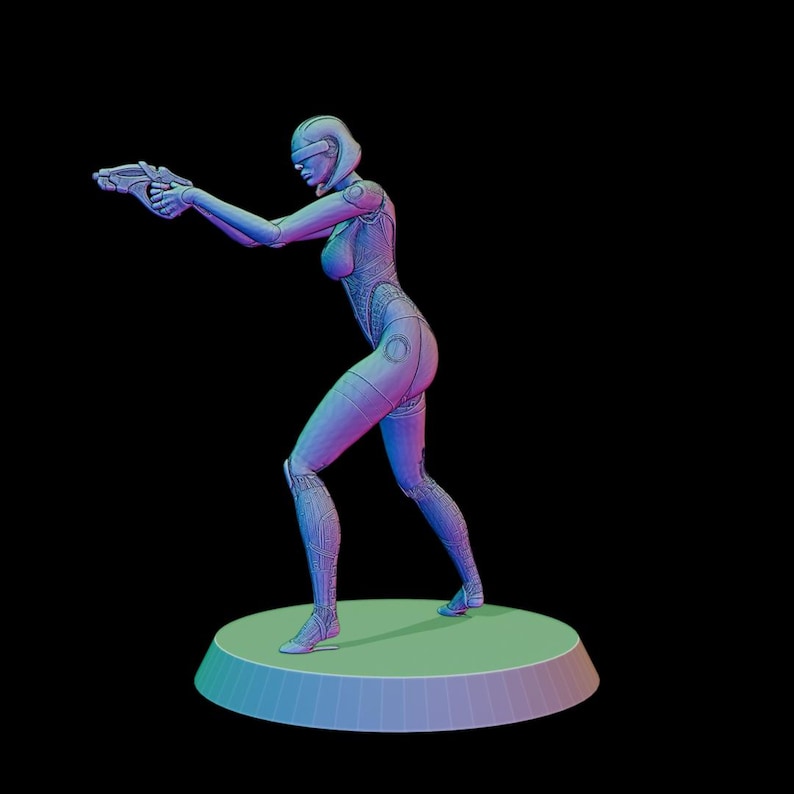 May include: A futuristic figurine of a female figure in a form-fitting suit, holding a gun and aiming. The figure is posed on a circular platform, with a color gradient from blue to purple. The background is black.