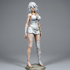 May include: A detailed figurine of a woman with white hair and yellow eyes, wearing a white dress with a gold chain. The figure has intricate tattoos on one leg and bandages on the other. The figurine is standing on a circular base.