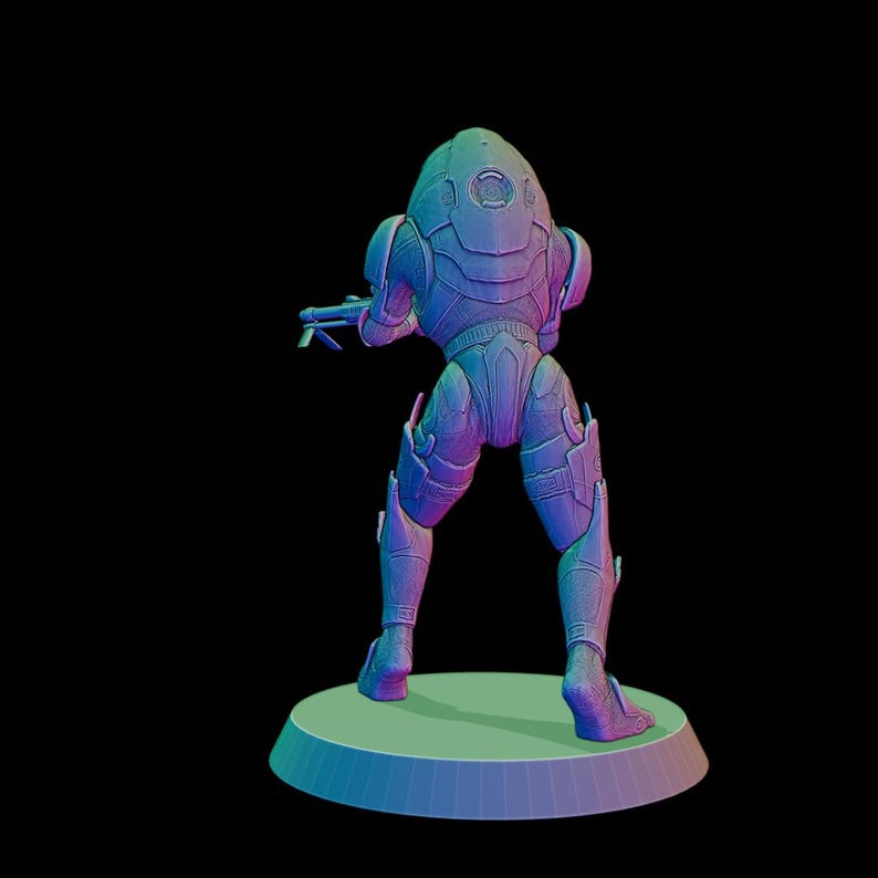 Puede incluir: Una figura futurista con un traje detallado, sosteniendo un arma, vista desde atr&aacute;s. La figura est&aacute; sobre una base circular, con un degradado de color de azul a morado. El fondo es negro.