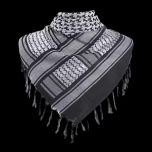 Grey & Black Palestine Keffiyeh Scarf | 110cm Tactical Desert Shemagh with Tassels | Traditional Kufiyah | Unisex Gift for Him, Her