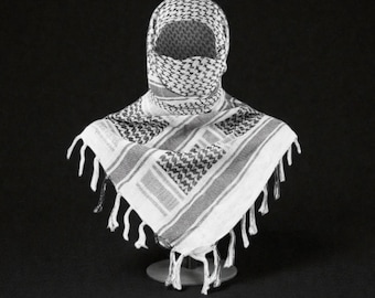 White & Black Palestinian Keffiyeh Scarf, Traditional Shemagh with Tassels Arafat Hatta Arab Style Headscarf, Free Palestine