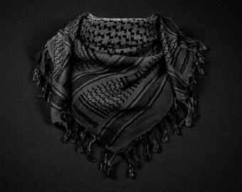 Grey and Black Palestinian Keffiyeh Scarf: Traditional Cotton Kufiyah with Tassels, Arab Style Headscarf, Free Palestine Gift