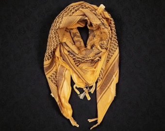 Mustard & Black Palestinian Keffiyeh Scarf: Traditional Cotton Kufiyah with Tassels, Arab Style Headscarf, Free Palestine Gift