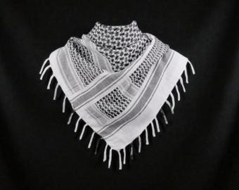 Gray and White Palestinian Keffiyeh Scarf: Traditional Cotton Kufiyah with Tassels, Arab Style Headscarf, Free Palestine Gift