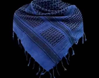 Blue & Black Palestinian Keffiyeh Scarf: Cotton Kufiyah with Tassels