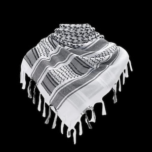 White & Black Palestine Keffiyeh Scarf | 110cm Traditional Kufiyah with Tassels | Cotton Tactical Desert Shemagh | Unisex Gift for Him, Her