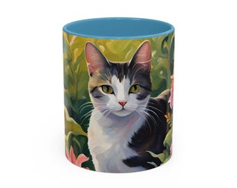 Floral Cat Accent Coffee Mug, Charming Cat Lover Gift, Ceramic Black Handle Mug, Perfect for Home and Office