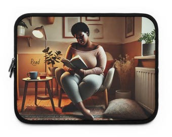 Laptopfodral, ung kvinna som läser i mysig Lofi-miljö, utmärkt present till bokläsare och Lofi-konstfantaster, bokligt tekniskt tillbehör, litterärt