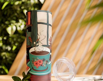 Mysig bokälskares smala tumbler med sugrör, 59 cl | Perfekt för kaffeälskare, läsning, presenter till bokmalar, hem- och kontorsinredning, unik