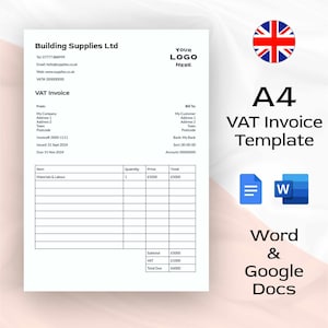 May include: A black and white A4 VAT invoice template for Microsoft Word and Google Docs. The template includes fields for the company name, address, invoice number, date, due date, item, quantity, price, and total. The template also includes a section for the customer's name, address, bank details, and sort code.