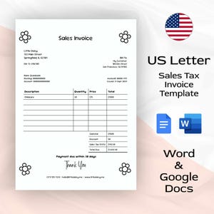 Plantilla de factura de impuestos sobre las ventas de EE. UU. en papel de carta - Documentos de Google - Microsoft Word - Guarderías, niñeras, guarderías, jugueterías - Profesional - Lindo
