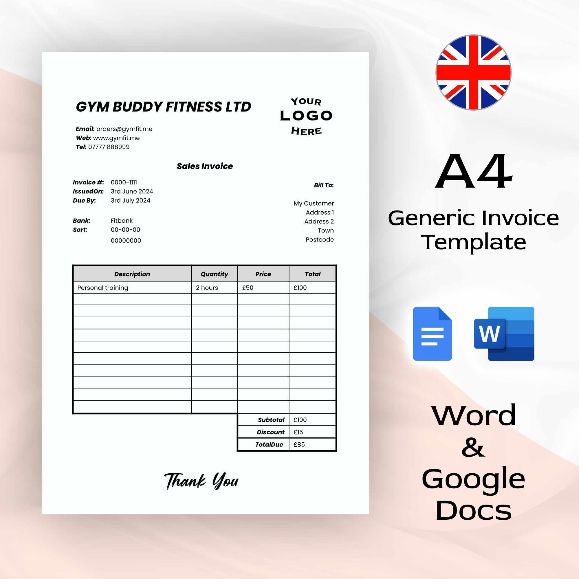 A4 Paper UK Generic Invoice Template - Google Docs - Microsoft Word ...