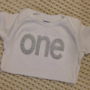 Silver Glitter Iron-On vinyl &quot;one&quot; lettering for yearly, monthly, or birthday onesie- IRON ON ONLY