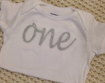 Silver Glitter Iron-On vinyl cursive "one" lettering for yearly, monthly, or birthday onesie- IRON ON ONLY