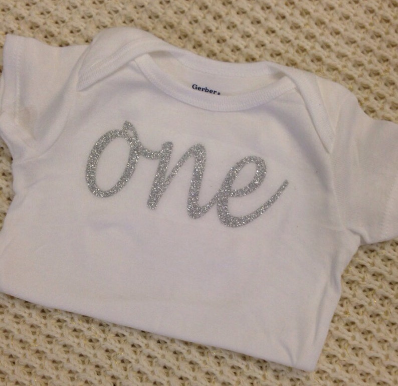 Silver Glitter Iron-On vinyl cursive one lettering for yearly, monthly, or birthday onesie IRON ON ONLY image 1