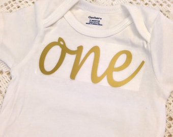 Gold Iron-On vinyl cursive "one" lettering for yearly, monthly or birthday onesie- IRON ON ONLY