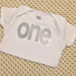 Silver Iron-On vinyl &quot;one&quot; lettering for yearly, monthly or birthday onesie- IRON ON ONLY