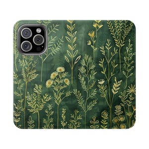 Funda botánica con tapa, funda floral para amantes de la naturaleza, elegante funda tipo cartera, regalo para amantes de las plantas, diseño de vegetación, iPhone 16