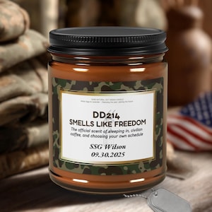 Military Retirement Candle, Personalized Army, Marines, Air Force, Navy & Coast Guard Separation Gift, Funny DD214 Smells Like Freedom