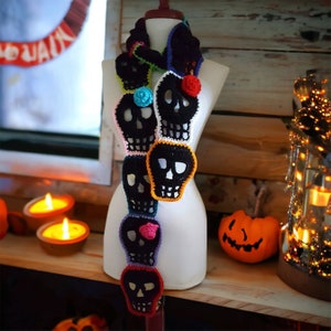 Sugar Skull Scarf, Colorful Day of the Dead Scarf, Crochet Neck Wrap, Costume or Dress Up Scarf, Black Sugar Skulls with Flowers
