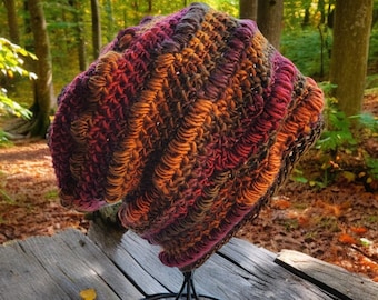 Handgemaakte gehaakte slouchy beanie, herfstkleuren, uniseks