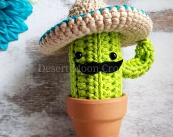 Saguaro Cactus with Sombrero and Mustache/Crochet Cactus in Terracotta Pot/No Fuss Plant/Succulent Decor