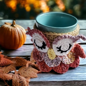 Crochet Autumn Owl Mug Cozy, Coffee Cup Sweater, Owl Drink Sleeve, Fall Harvest Owl Mug Cozy, Coffeehouse Gift, Jar Cozy image 6