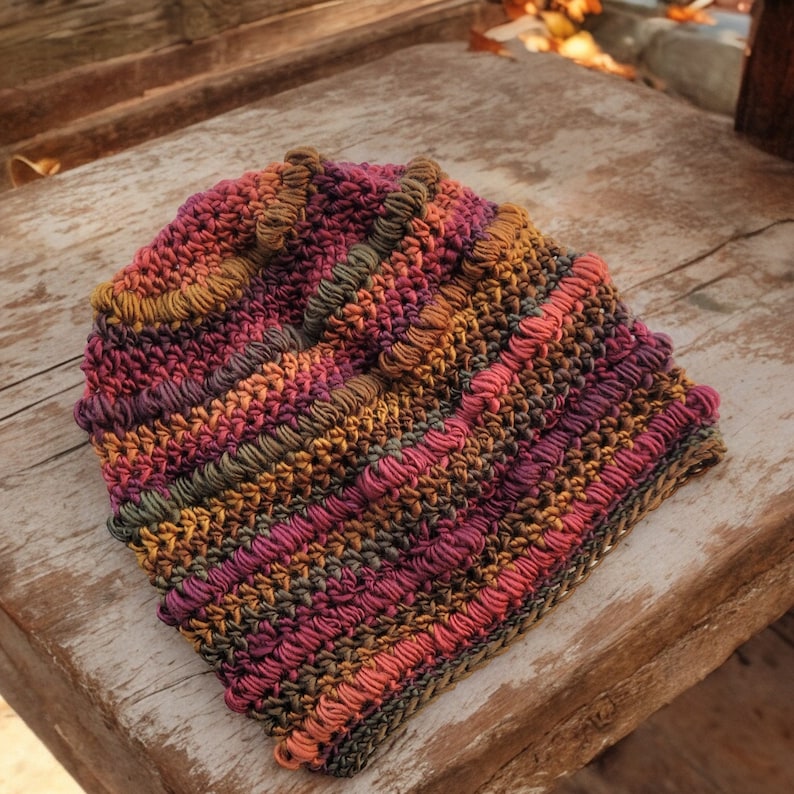 May include: A crocheted hat with a multi-colored striped pattern in shades of brown, orange, pink, and purple.