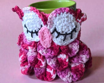 Crochet Owl Mug Cozy: Coffee Cup Sleeve Raspberry Kisses