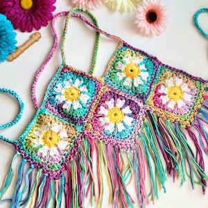 Crochet Halter Crop Top: Rainbow Daisy Granny Square, Boho Fringe (3mo-9yr)