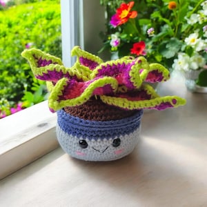 Pode incluir: Um vaso de planta de crochê com um rosto sorridente e uma planta verde brilhante, rosa e roxa. O vaso é azul e cinza com uma borda marrom.