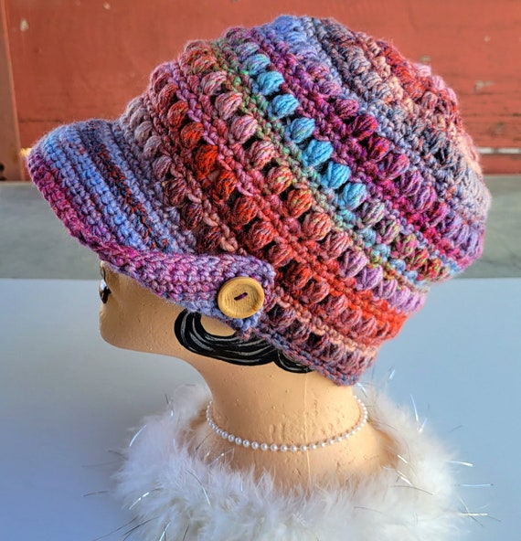 Handmade Boho Brimmed Beanie: Colorful Acrylic Hat - Etsy display picture 1