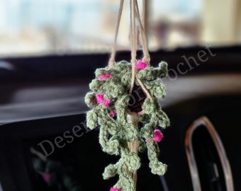 Mini Hanging Flower Plant, Crochet Succulent in Macrame Hanger, Plant Lover Gift, Hanging Plant Decor, Car Charm, Rearview Mirror Pendant