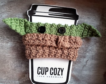 Crochet Baby Alien Coffee Cup Cozy, Green Drink Sleeve, Acrylic Yarn, Handmade Beverage Holder, Knit