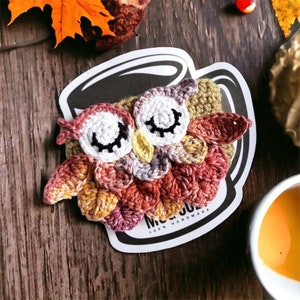 Crochet Autumn Owl Mug Cozy, Coffee Cup Sweater, Owl Drink Sleeve, Fall Harvest Owl Mug Cozy, Coffeehouse Gift, Jar Cozy image 1