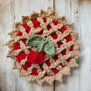 Presina per torta di ciliegie all'uncinetto: sottopentola in acrilico a doppio spessore per frutta.