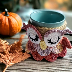 Crochet Autumn Owl Mug Cozy, Coffee Cup Sweater, Owl Drink Sleeve, Fall Harvest Owl Mug Cozy, Coffeehouse Gift, Jar Cozy image 2