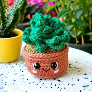 Pode incluir: Uma planta suculenta de crochê em um vaso marrom com um rosto sorridente. A planta é verde e o vaso tem uma superfície texturizada.