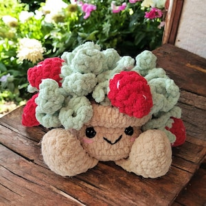 Pode incluir: Um bicho de pelúcia de crochê feito à mão em forma de cogumelo sorridente. O cogumelo tem um corpo bege, uma parte superior verde claro e detalhes em vermelho. O bicho de pelúcia tem um rosto amigável com olhos pretos e um sorriso costurado. O bicho de pelúcia está em uma superfície de madeira.