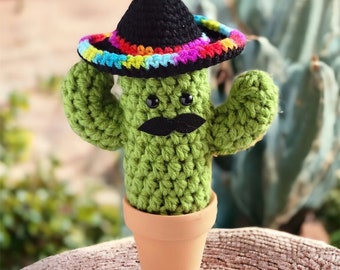 Large Saguaro Cactus with Sombrero and Mustache/Sage Green Crochet Cactus in Terracotta Pot/No Fuss Plant/Succulent Decor/Easy Care Plant