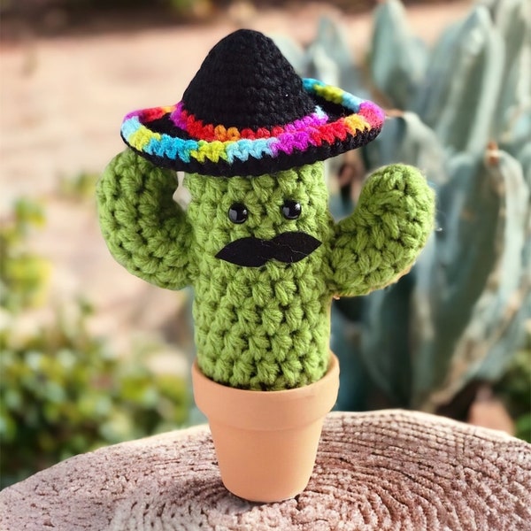 Large Saguaro Cactus with Sombrero and Mustache/Sage Green Crochet Cactus in Terracotta Pot/No Fuss Plant/Succulent Decor/Easy Care Plant