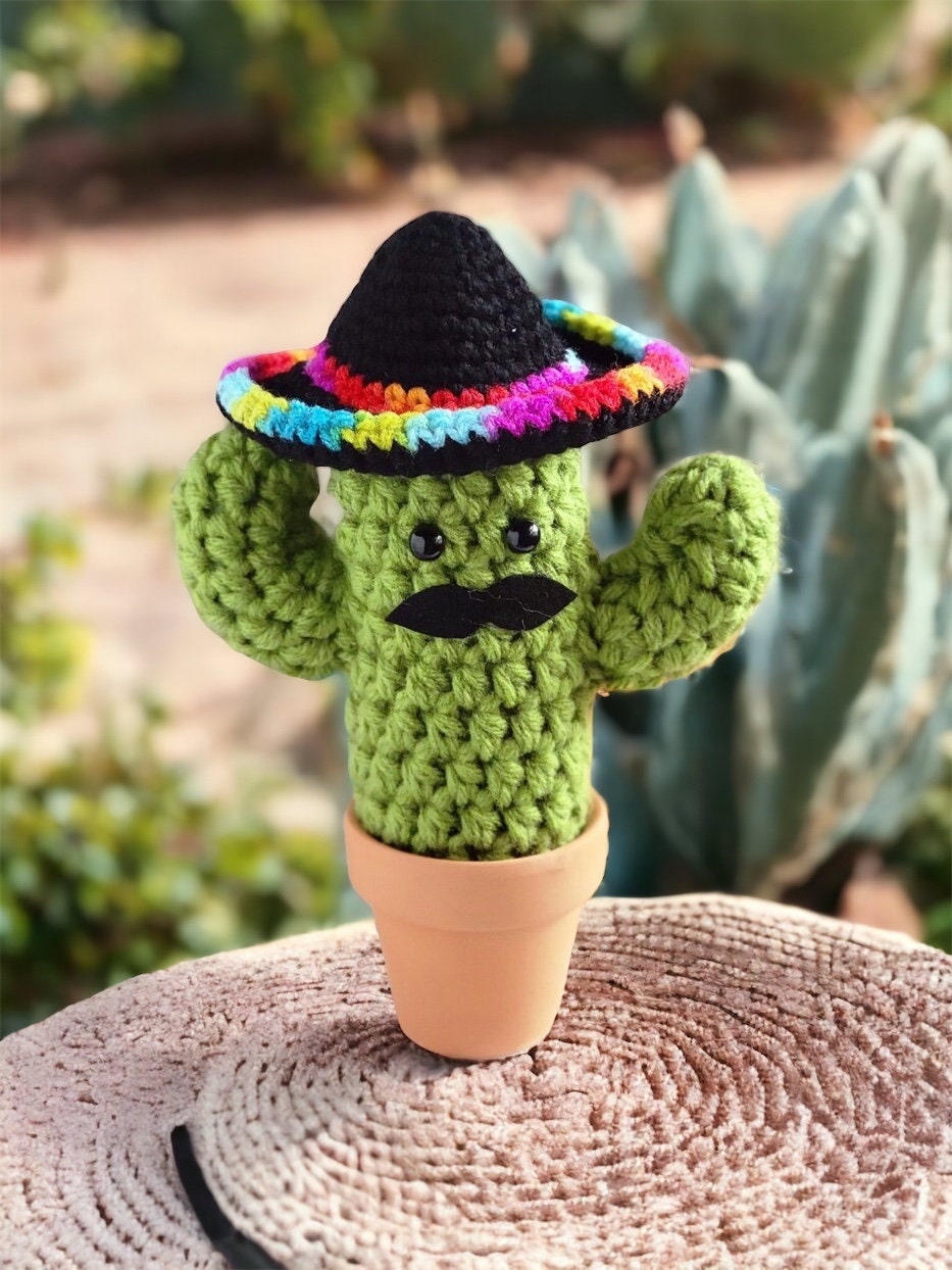 Crochet Saguaro Cactus with Sombrero: Sage Green Succulent Decor