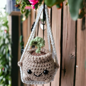 May include: A crocheted hanging planter with a brown pot and a green plant. The planter has a white strap and a cute face with black eyes.